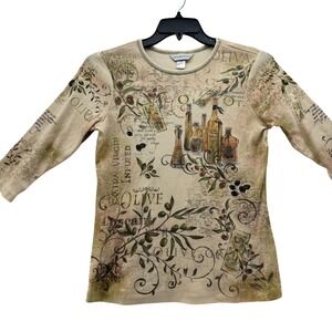 Christopher & Banks 100% Cotton Olive Oil Graphic Print Top 3/4 Sleeve. Womens S